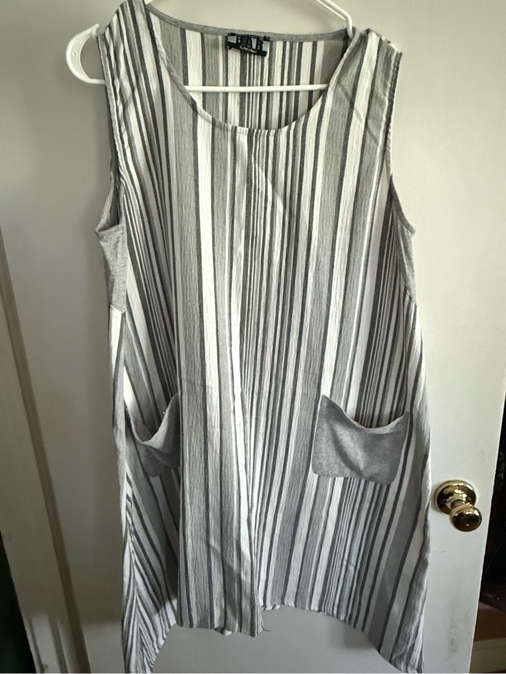 Sleeveless Midi Shift Dress in Gray and White Stripes